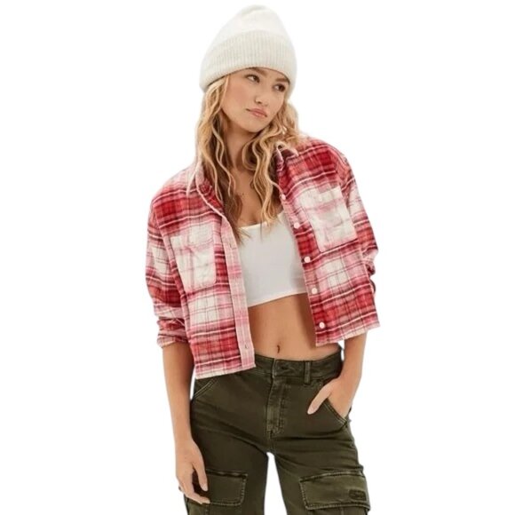 AMERICAN EAGLE Red and Pink Plaid Cropped Flannel Shirt - Size XL - Picture 1 of 7